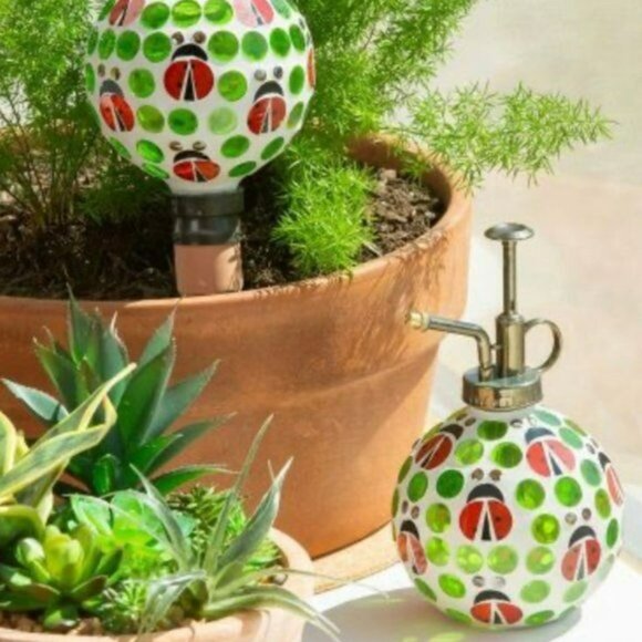 Evergreen set of 2 Mosaic watering globe with coordinated mister set, Ladybug - Picture 2 of 6